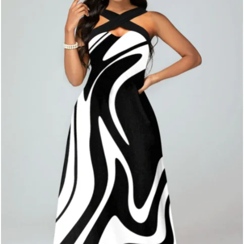 Casual Dress Print Women 2023 Criss Cross Geometric Print Black Maxi Dress
