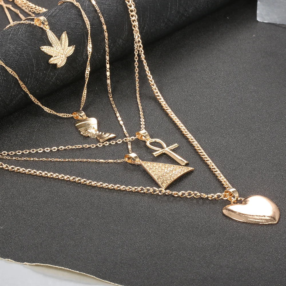 Hot Sale Multi-Layer Stainless Steel Clavicle Chain Necklace Maple Leaf Pyramid Love Pendant with Exaggerated Stacking for Women