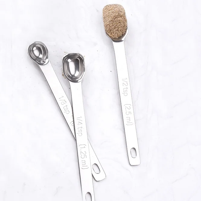 custom Square Silver Mini 304 Stainless Steel Measuring Spoons Scoops for Kitchen Measuring Dry Liquid Ingredients