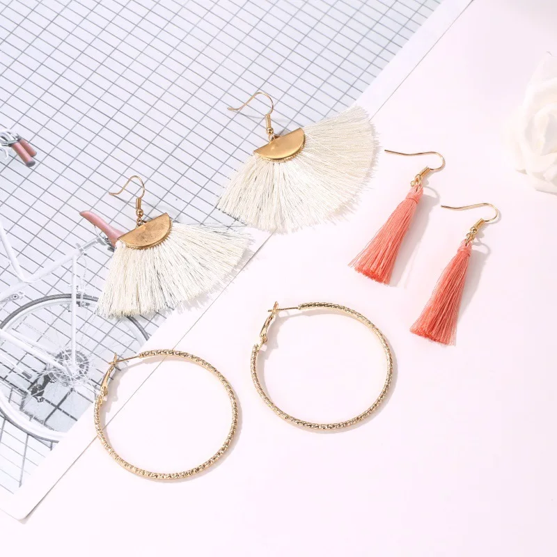 JER-197006 6 Pairs Pack Stud Lady Small Pack New Fashion Tassel Drop Boho Earring Set