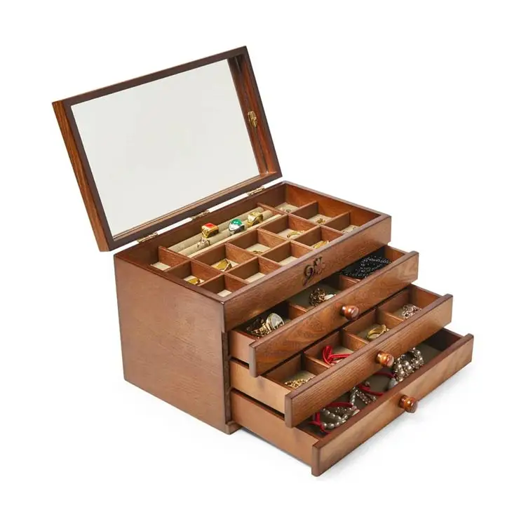 Custom wood organizer storage Round Concern Jewelry Ring Display Vintage Wooden Jewelry Box