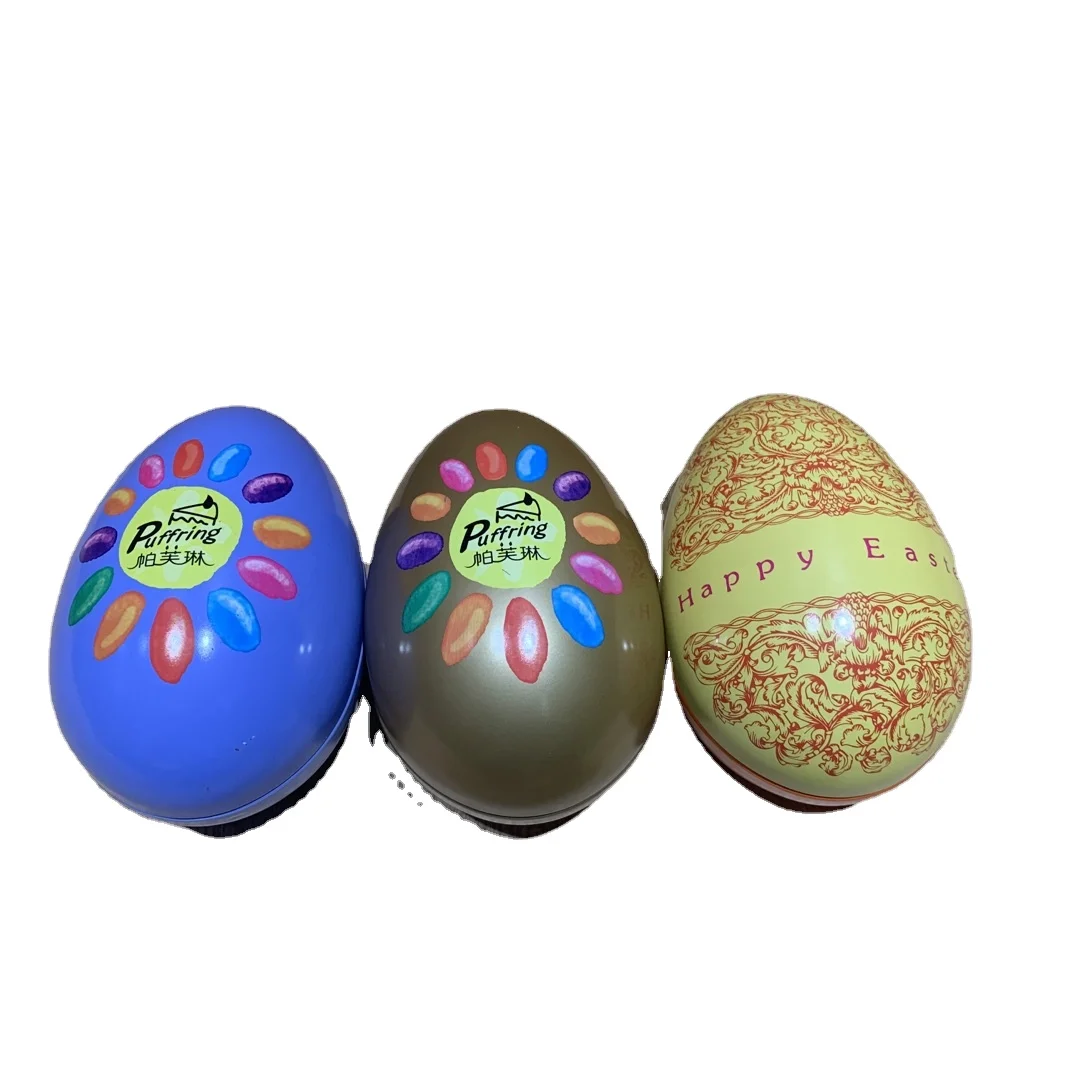 Egg shape tin box with ribbon and label / packaging tin can with lovely shape