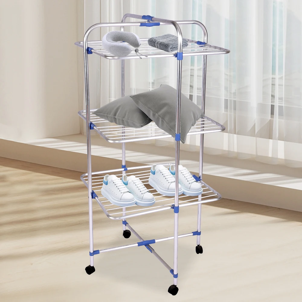 3 Tier Aluminum Cloth Drying Stand Folding Clothes Drying Rack Clothing Rack Tower Dry With Wheel