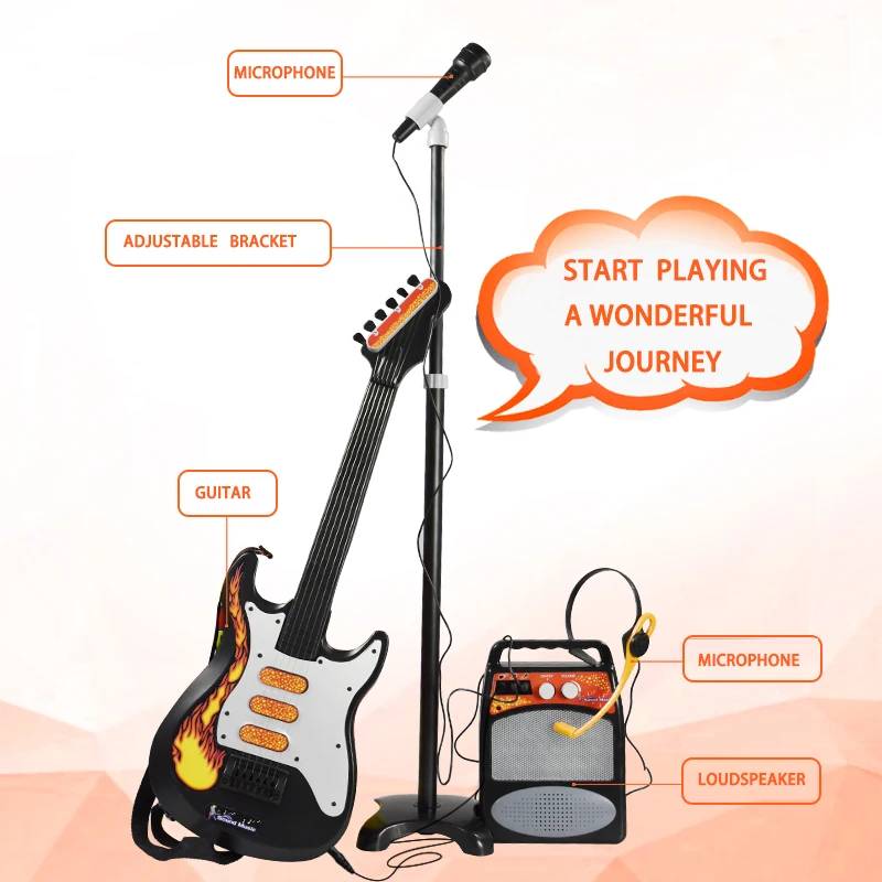 Kids musical instrument electric toy guitar set with microphone simulation plastic-toy-guitar