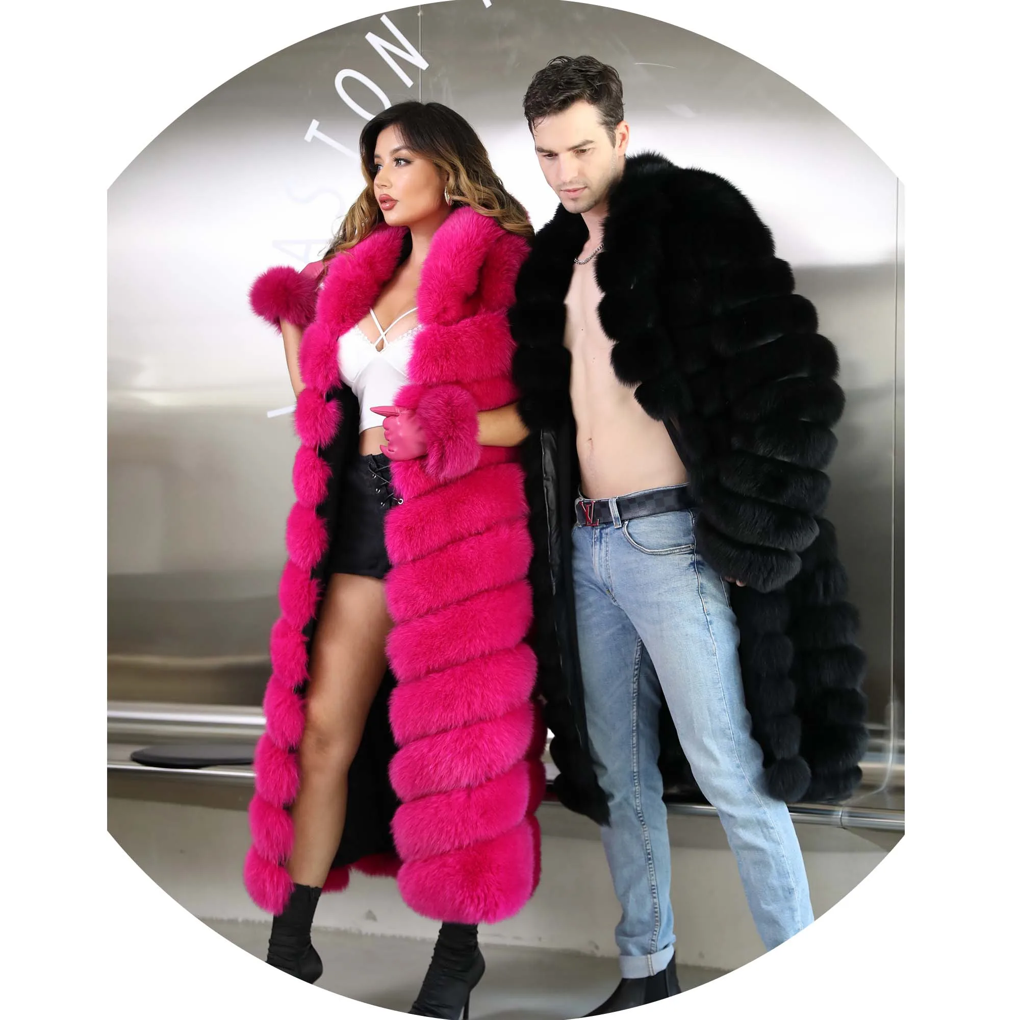 Men and Women Genuine Fox Fur Long Hooded Fur Vest Coat