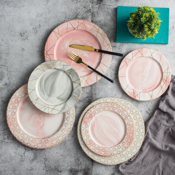 
Nordic style painting gold marble pattern western food salad household steak dessert table setting ceramic plate 