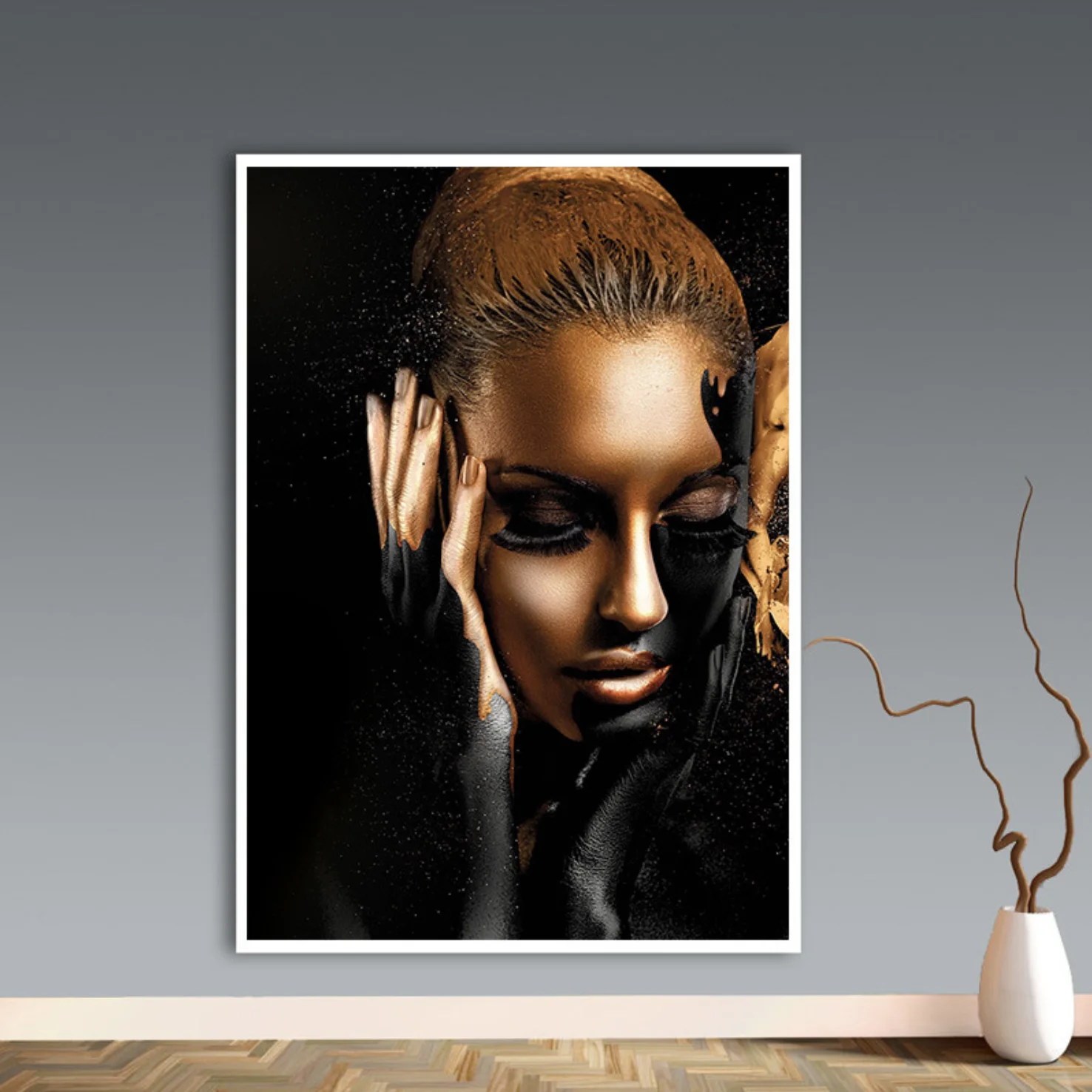 Gold African Woman Fashion Figure Canvas Painting Contemporary Printed Wall Art for SPA Decoration