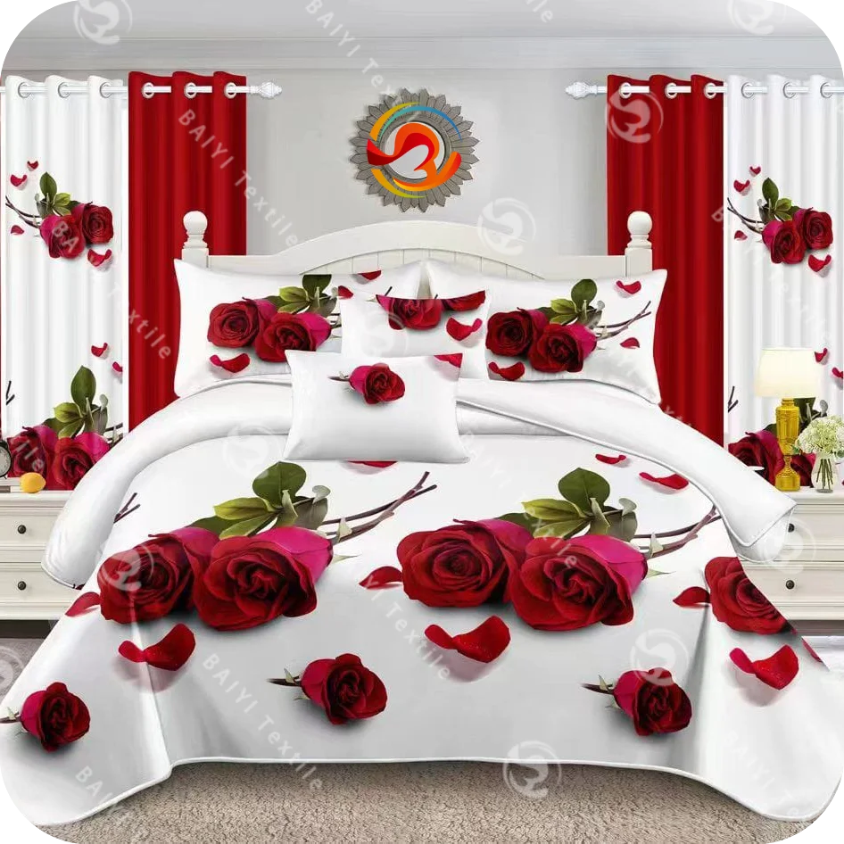 Polyester bed sheets beautiful duvet cover with curtain 6-piece comforter luxury red bedding set supplier