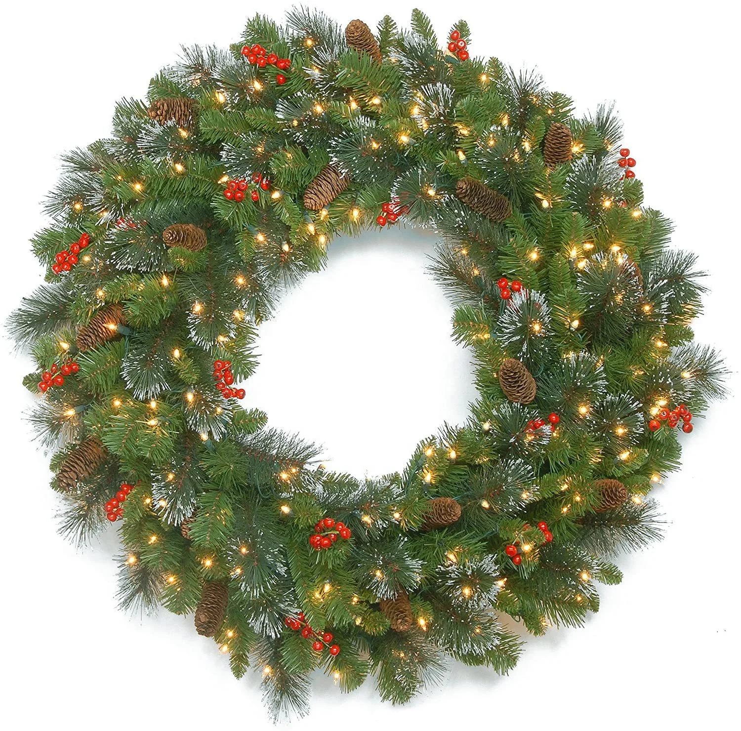 Outdoor Door Decorations Cheep Red Berry Pine Cones 60cm Prelit Christmas Wreath With LED Lights