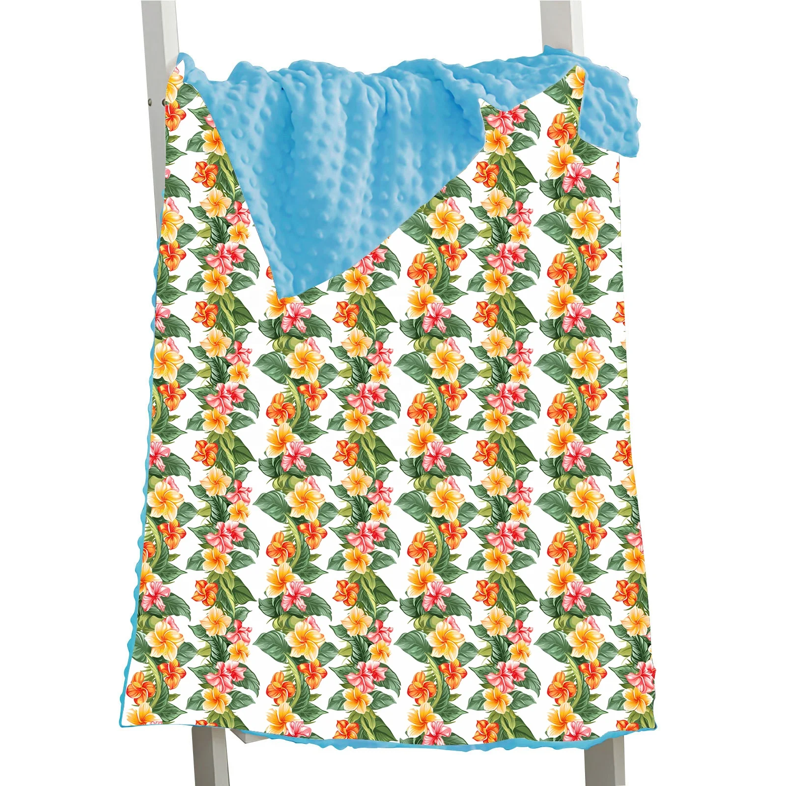 Hot Sale PuaKenikeni Lei Print Pink Blue Colorful Flowers Hawaii Style Minky Baby Blanket For Halloween Christmas Gift