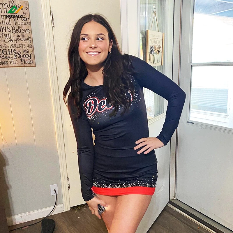 Custom Sexy Multicolor Rhinestone Cheer Uniforms Tops And Skirt Sublimated Printing Cheerleader Uniforms For Women