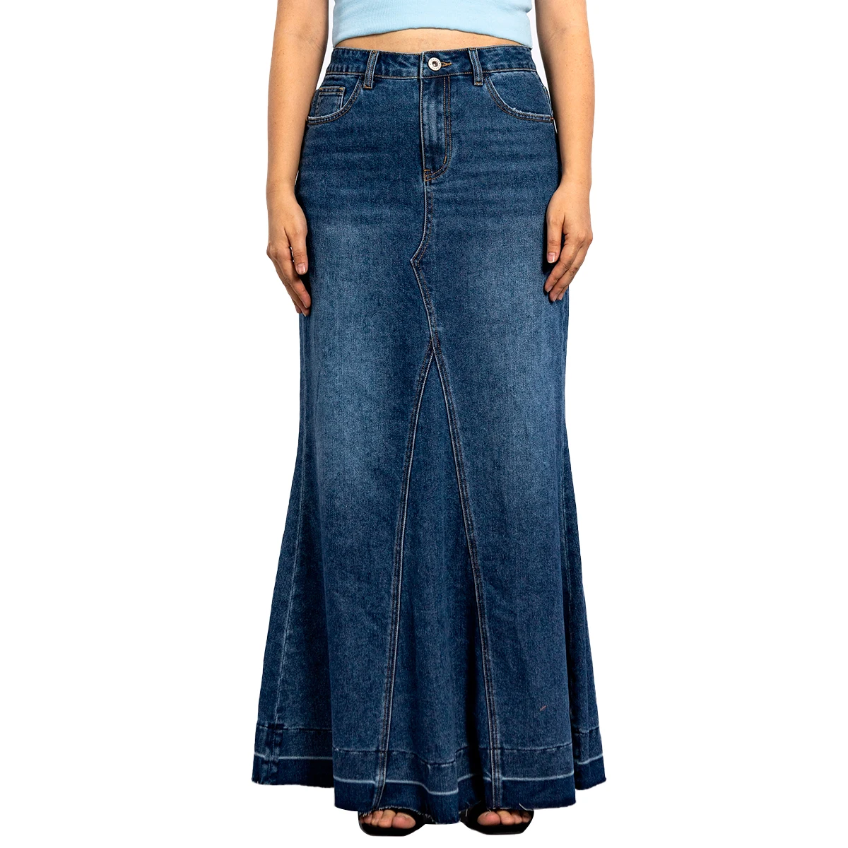 Custom Jean Skirts Women High Waist Fishtail Pleated Long Denim Skirts