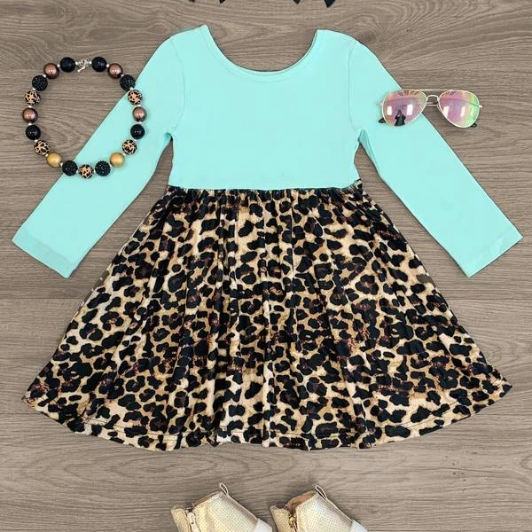 2021 New Autumn Dress Children Girls Clothing Round Neck Long Sleeve Leopard Boutique Dresses Kids Party Dress