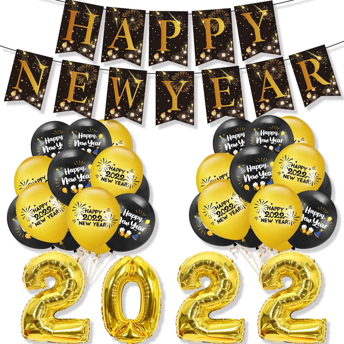 2022 Happy New Year Foil Balloons Photo Booth Frame Props Balloons Gold Black Banner Garland Navidad New Year Eve Party Supplies