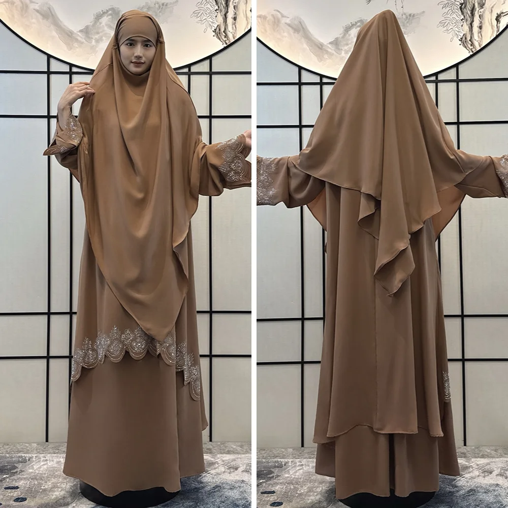 Jilbab Abaya Muslim Dress Embroidered Rhinestone Middle East Abaya Prayer Robe Plus Size Ramadan Eid Jilbab Khimar and Abaya Set