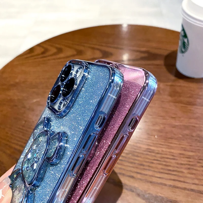 WOWCASE glitter with lens protector bling Electroplated Bear TPU Back Cover Phone Case for iPhone 14 13 12 11 Pro Max 7 8 plus