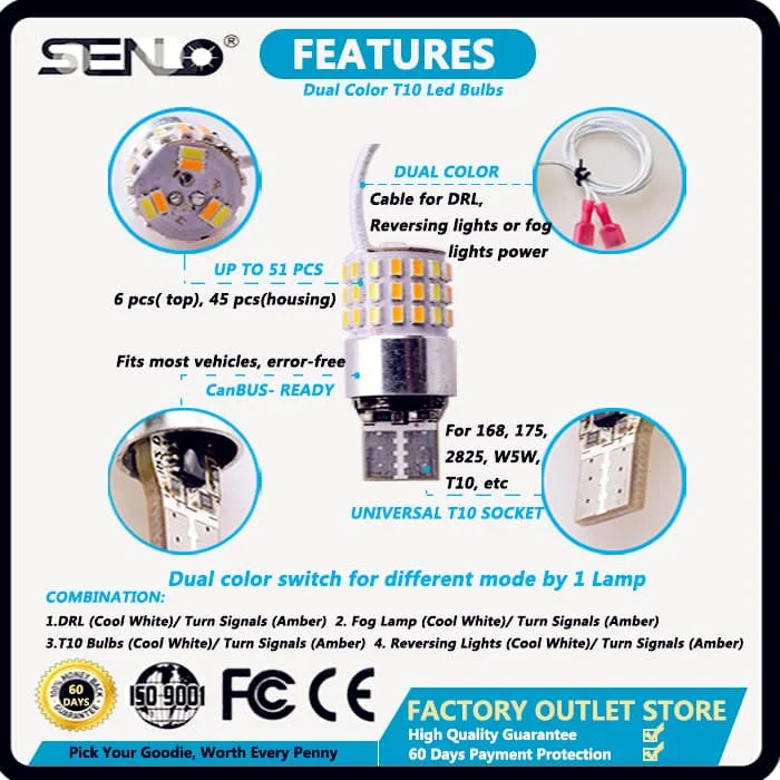 Motorcycle dual color led Turn signal lights T10 w5w 168 175 2825 led wedge bulb bicycle turn signal light