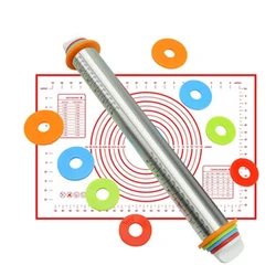 New design silver color Adjustable Dough Roller Non-Stick Stainless Steel Cookie Rolling Pin with mat