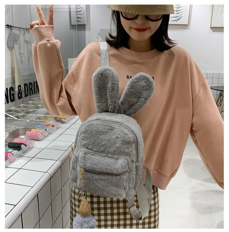 
Rabbit Fur Cute Backpack Women Bear Ears Mini Bag Ladies Small Backpack Korean Style Cute Plush Backpack Girl Lovely 