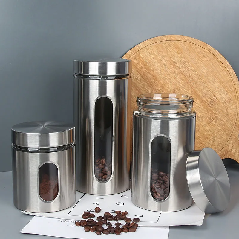 LIHONG Stainless Steel Visible Glass Storage Tank Coffee Beans Grain Sugar Metal Food Storage Canisters