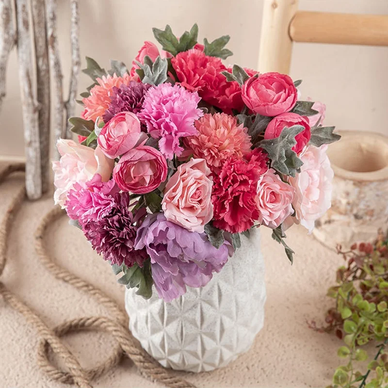 Artificial White Silk Bridal Peony Rose Flower Bouquet For Wedding, Red Flower Bunch for Home Party Decoration