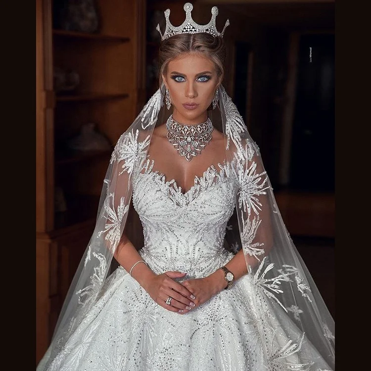 Beading V-Neck Luxury Crystal Wedding Dresses Turkey Istanbul China Manufacturer Long Tail Ball Gowns Wedding Dress For Women