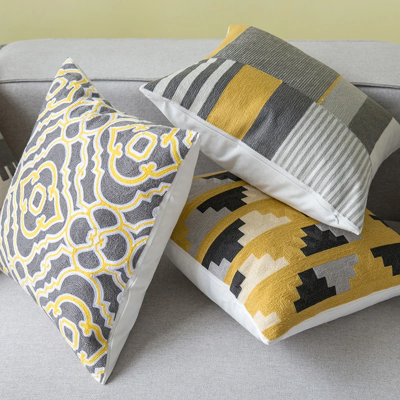 3D Plain Sofa Couch Yellow Grey Geometric Embroidery Design Pillow Cushion Cover