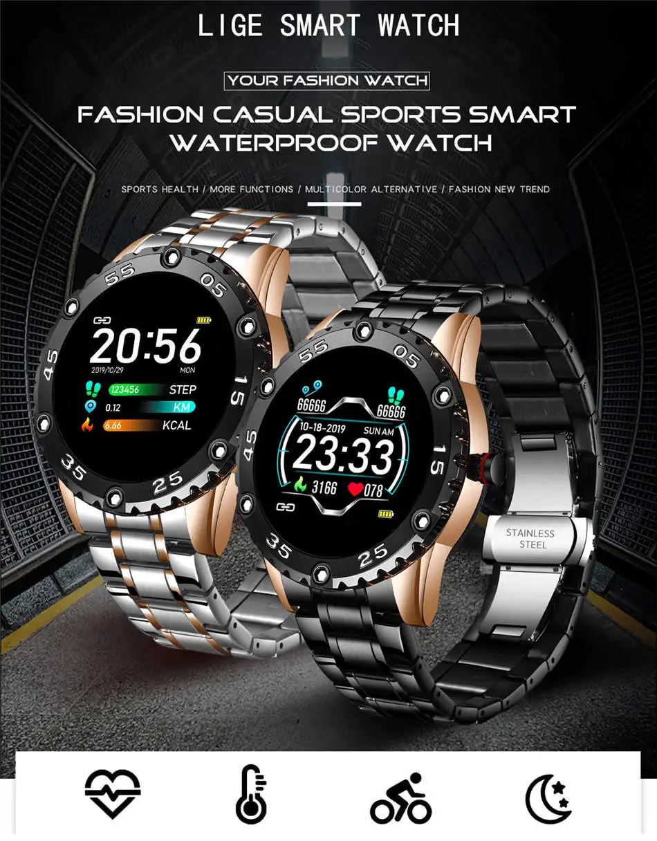 Lige BW0153 из нержавеющей стали Smartwatch напоминание спортивный водонепроницаемый новый 2021 мужские