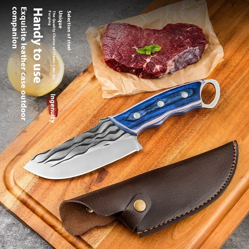 Wholesale Full  Knives Wood Handle Meat Cleaver Hand Forged Fillet Camping Hunting Knife With Ring