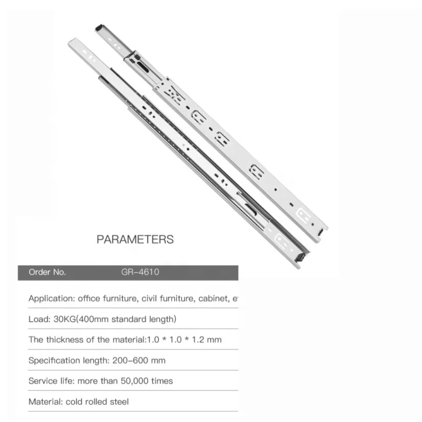 3 Fold Full Telescopic Extension Ball Bearing Thickened Side Mount Drawer Slide Rail