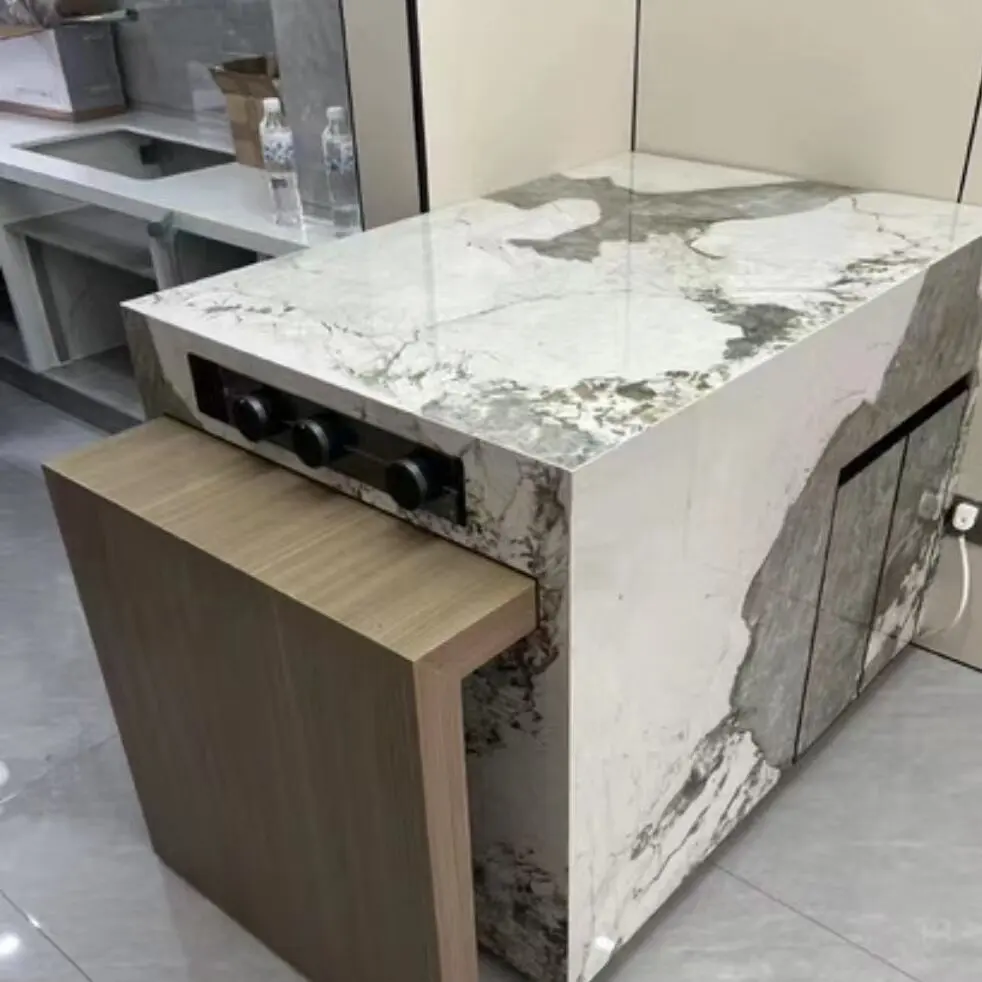 Solid wood high-end island dining table integrated household electric telescopic multifunctional rock board island dining table