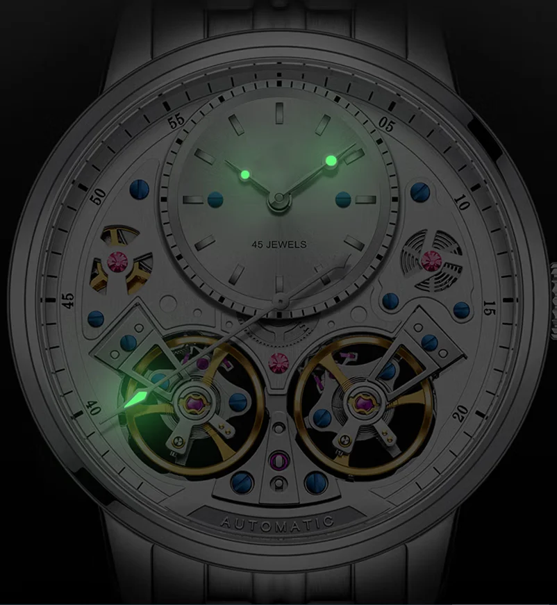 Пользовательские корпус из нержавеющей стали два скелета маховик водонепроницаемые мужские Бизнес Кварцевые часы