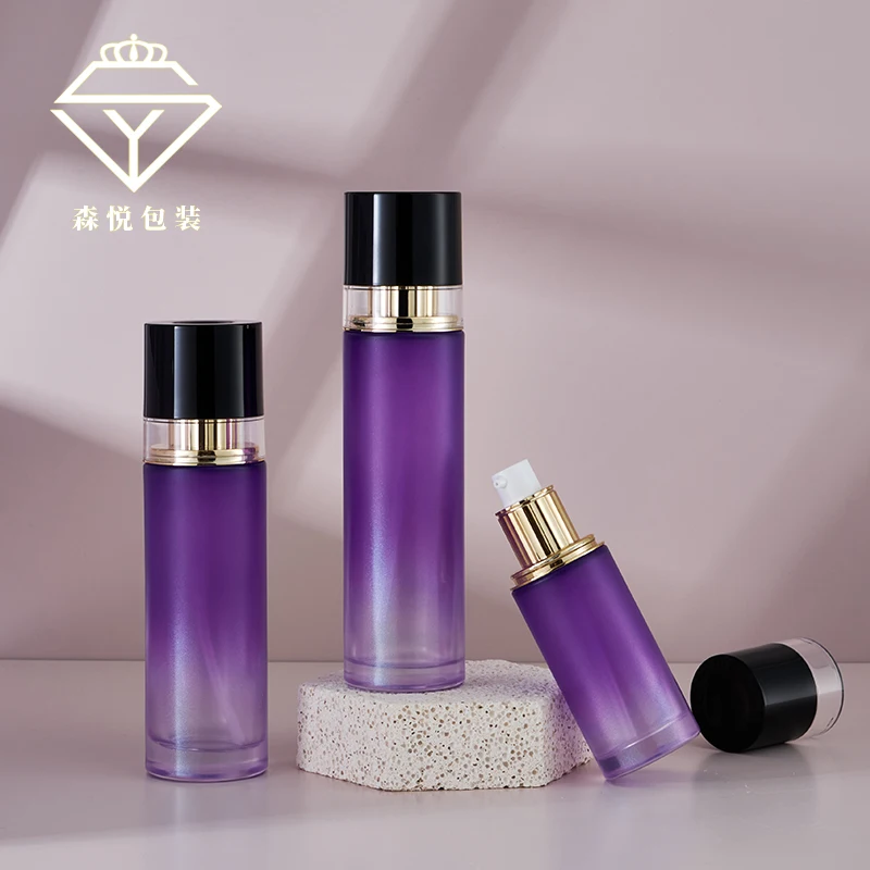 Luxury Glass Skincare Jar Packaging Deluxe Purple Frosted Glass Bottle Set For Cosmetic Lotion