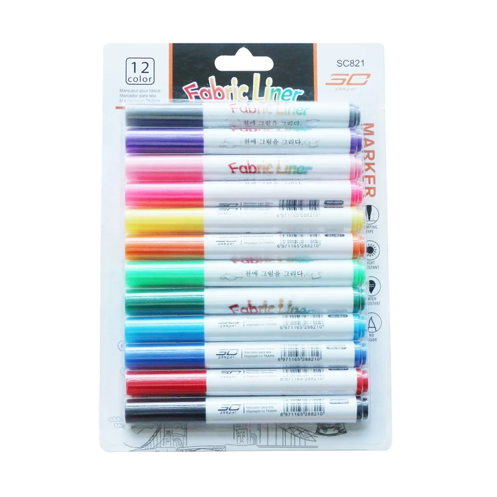 12pcs Multi Colored Non Washable Thick Brush Fabric Marker Textile Permanent Fancy Colors Marker Pen