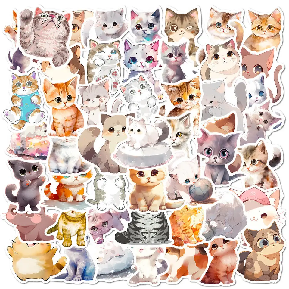 50Pcs Cute Plain Color Kitten Pet Graffiti Stickers For Bottle Notebook Laptop Waterproof Kawaii Kitty Sticker