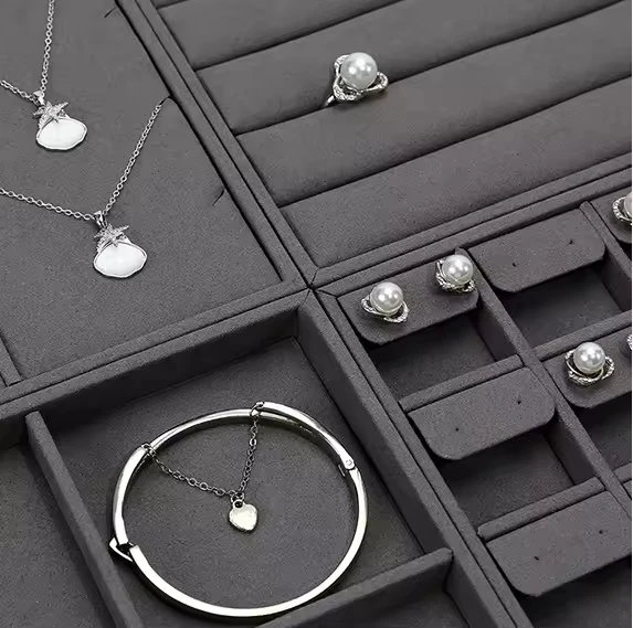 Jinsky gray microfiber jewelry counter display set movable jewelry small tray ring earring necklace trays