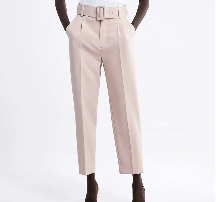 fashion ankle length woman straight trousers woman high rise belted pants