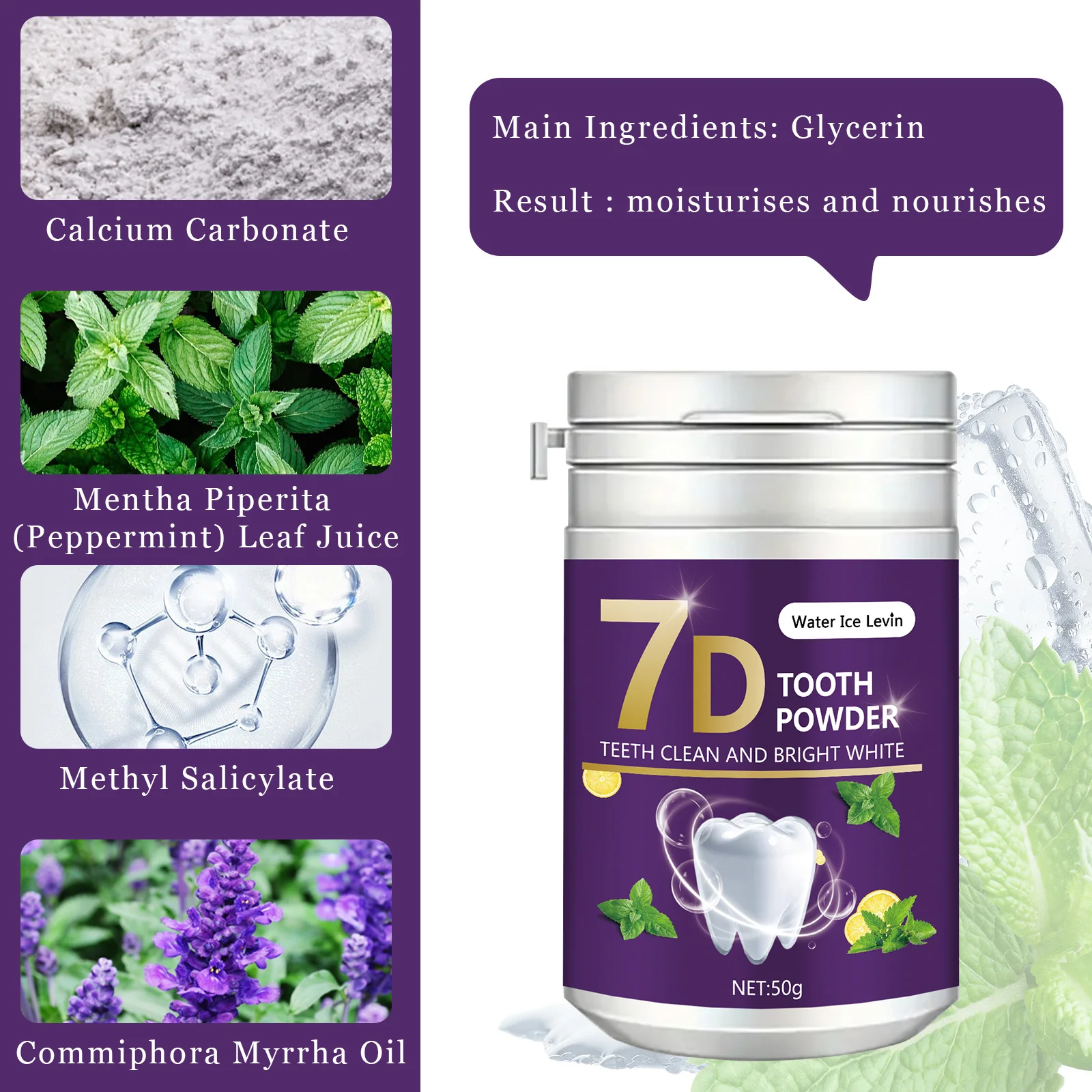 Water Ice Levin Teeth Brightening White Powder for Tooth Cleansing Beauty Yellow Teeth Smoking for Tooth Cleansing and Cleansing