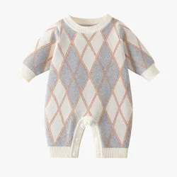 wholesale Newborn Baby Winter Plaid knitted Long Sleeve Jumpsuit sweatshirt baby rompers