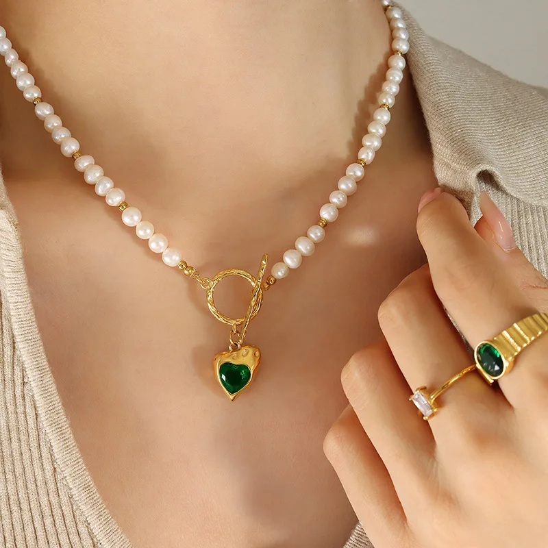 Aretas Romantic Jewelry Vintage Necklace Stainless Steel Freshwater Pearl Chain Emerald Pink Stone Heart Necklace Sets