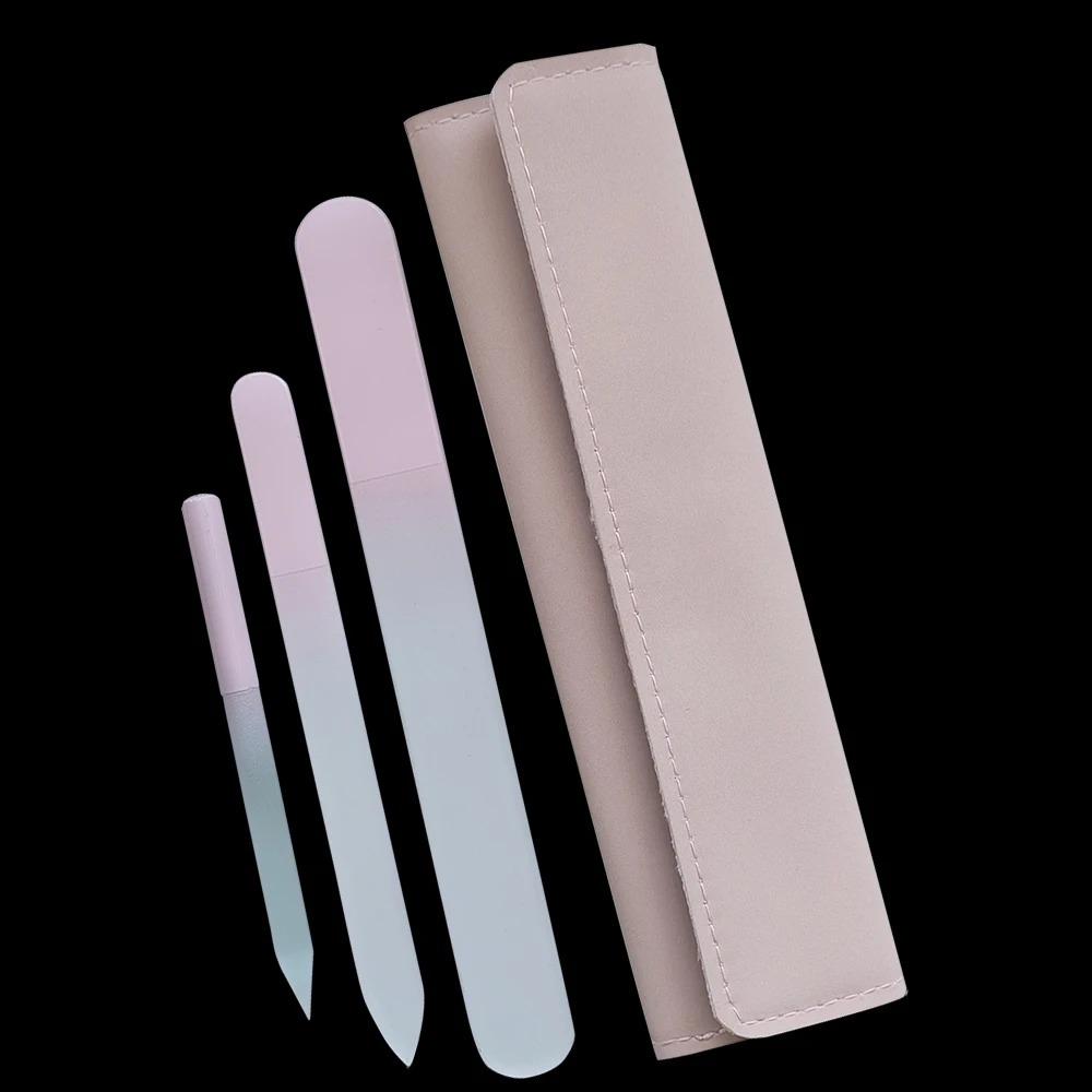 Pink Glass Nail Files and Curved Glass Nail File in Cosmetic PU Pouch