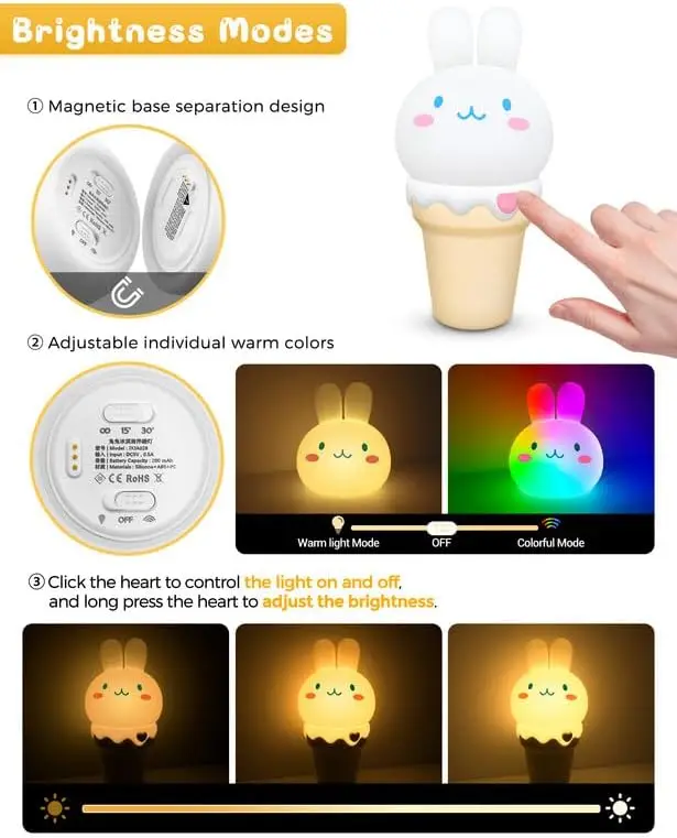 LOHAS  Rechargeable RGB 7-Colors Silicone Night Lights Pat Control Nightlight Ice Cream Bunny Night Lights for Kids Baby Gift