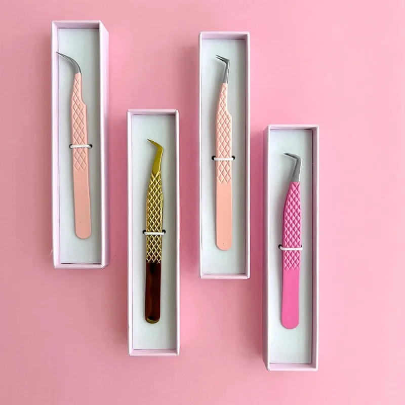 Customized Logo Colorful  Pink and Rose Gold Lash Applicator Tweezer Private Label Eyelash Tweezers Bulk Eye Lash Tweezers