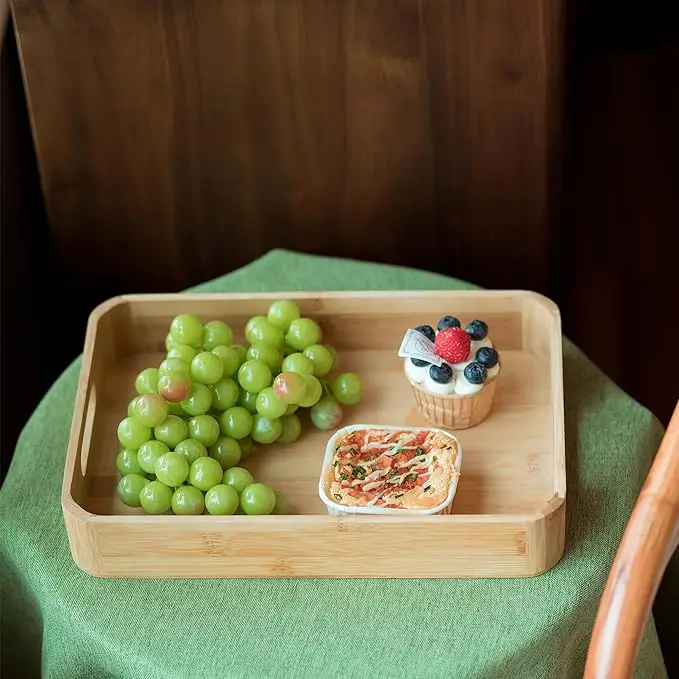 2 Pack Bamboo Tray-Serving Tray with Handles-Large Bamboo Wooden Tray,Food Tray,Tea Tray,Bar Tray