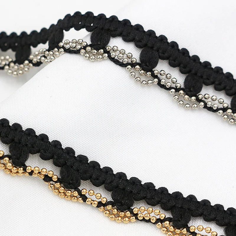Latest 15 mm wide polyester curtain woven braid lace beads trimming black gold beaded edge lace trim