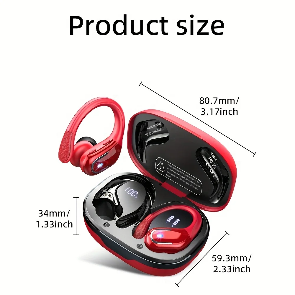 New Wireless Earbuds For Running Sports, Wireless Earphones With Earhooks Pure Bass Sound, 60h Over Ear Headphones With Dual-led