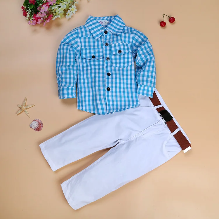 
Long Sleeve Plaid Shirt with White Trousers with Belt boys kids clothing shirt Summer 
