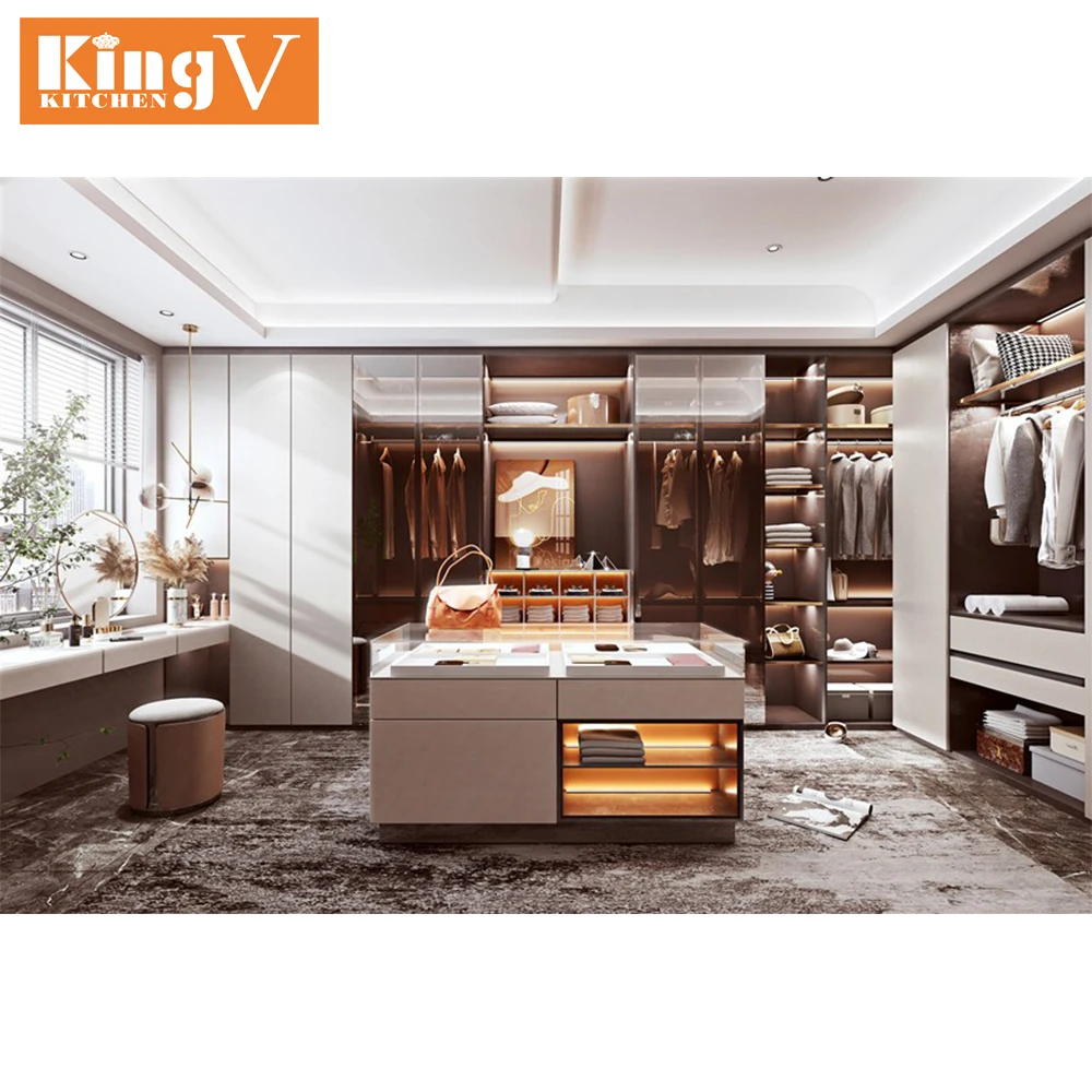 Современный алюминиевый шкаф KINGV для гардероба гардеробной стеклянной двери