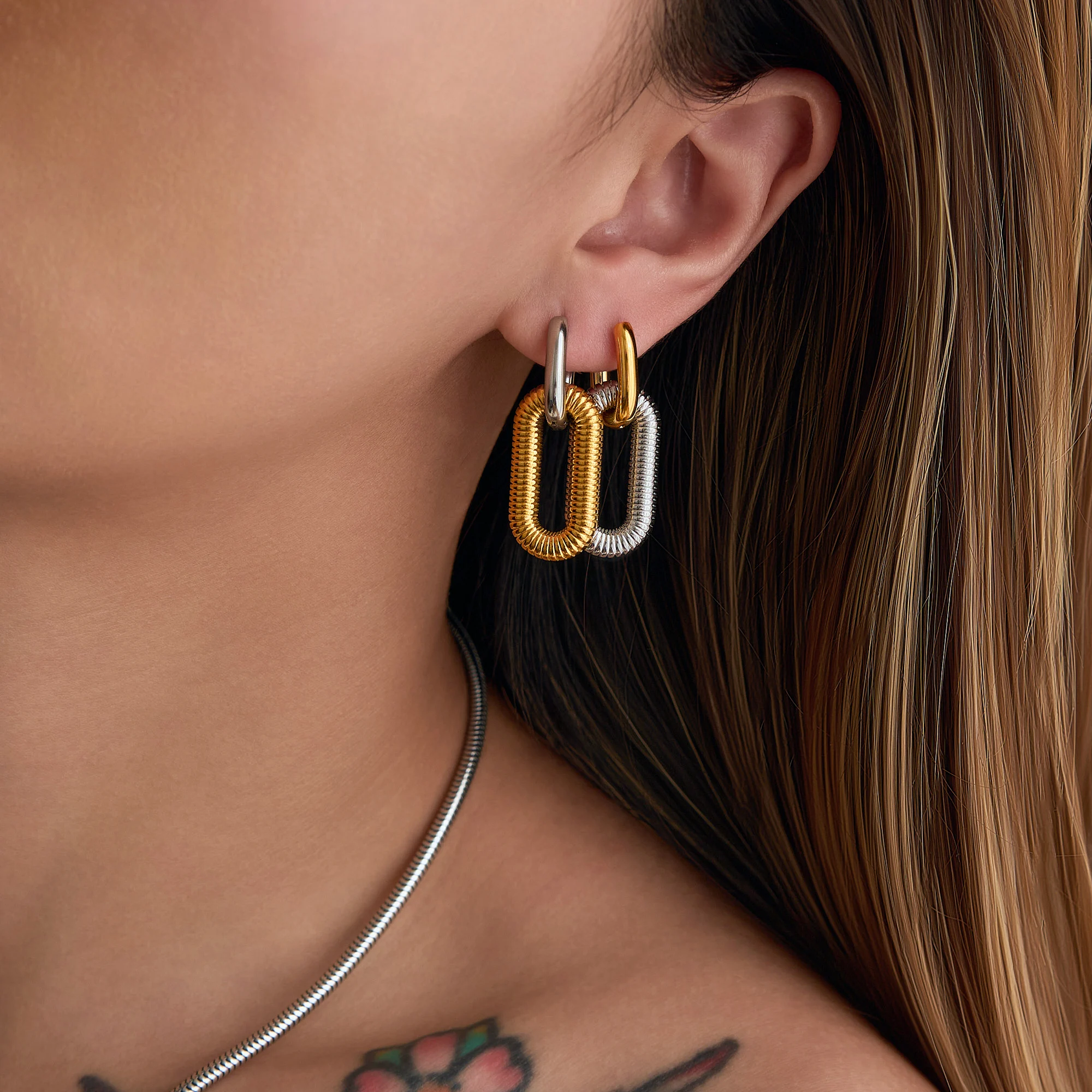 Dazan New Winter HOT 18k Gold Plated Hypoallergenic Stainless Steel Vintage Square Circle Square Oval Mixed Higgie Earrings