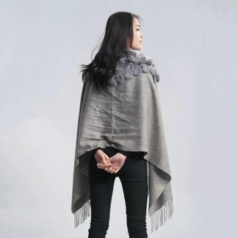 Wholesale cheap fashion warm Rex rabbit shawl winter lady pretty clothing rabbit pom fur shawl